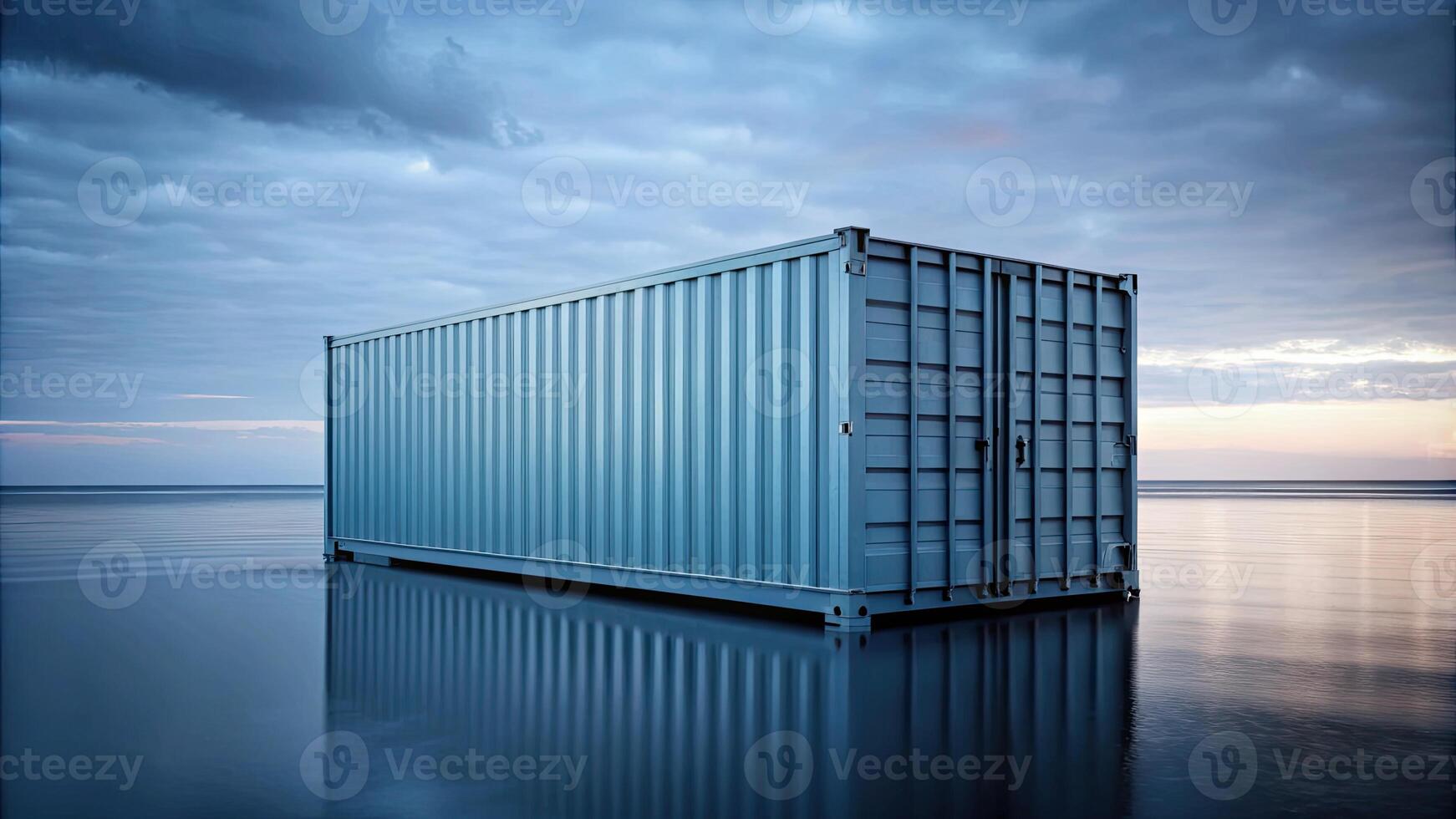 Large blue shipping container reflected on calm water. photo
