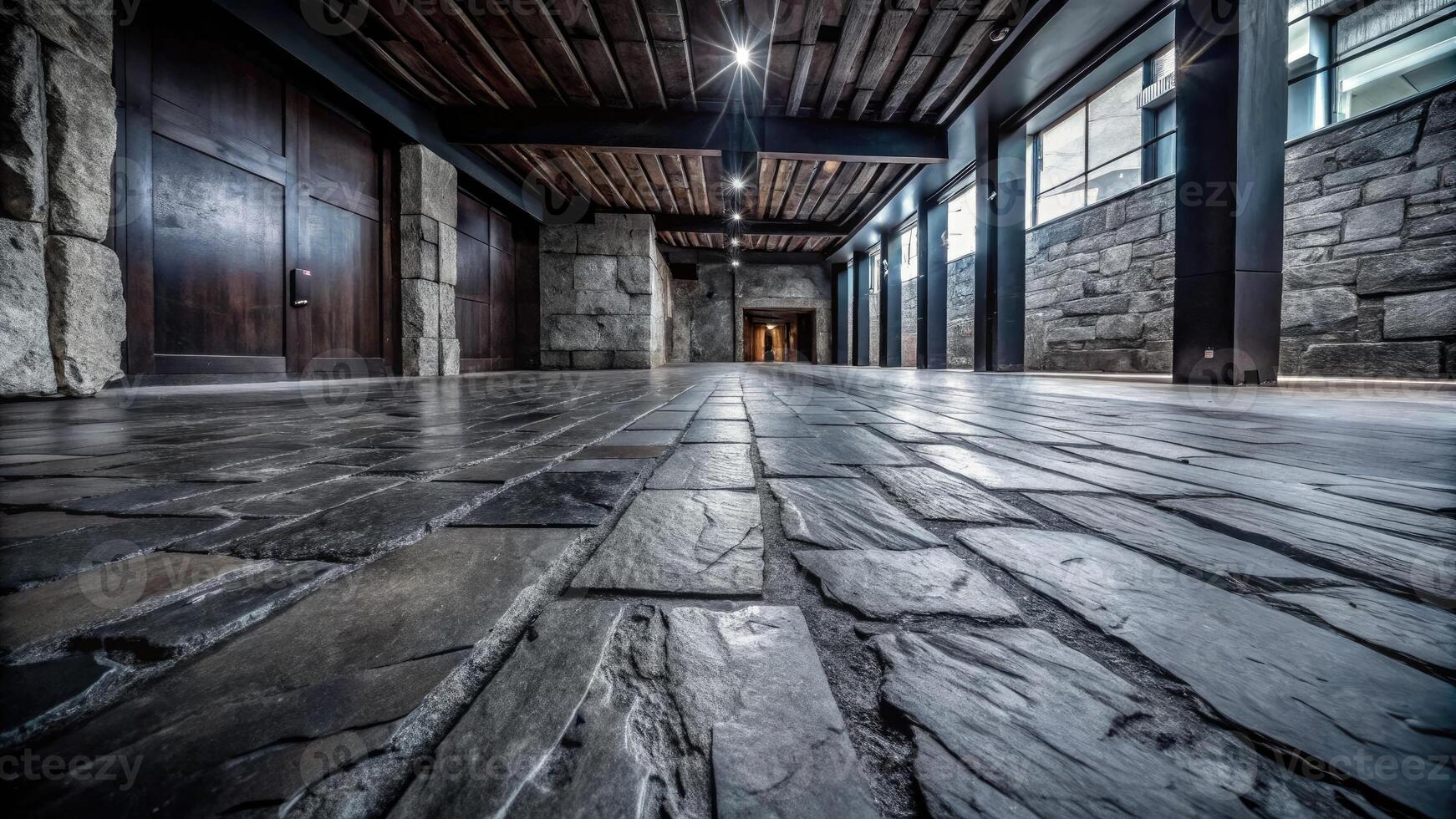 Spacious industrial hallway with stone flooring and large windows. photo