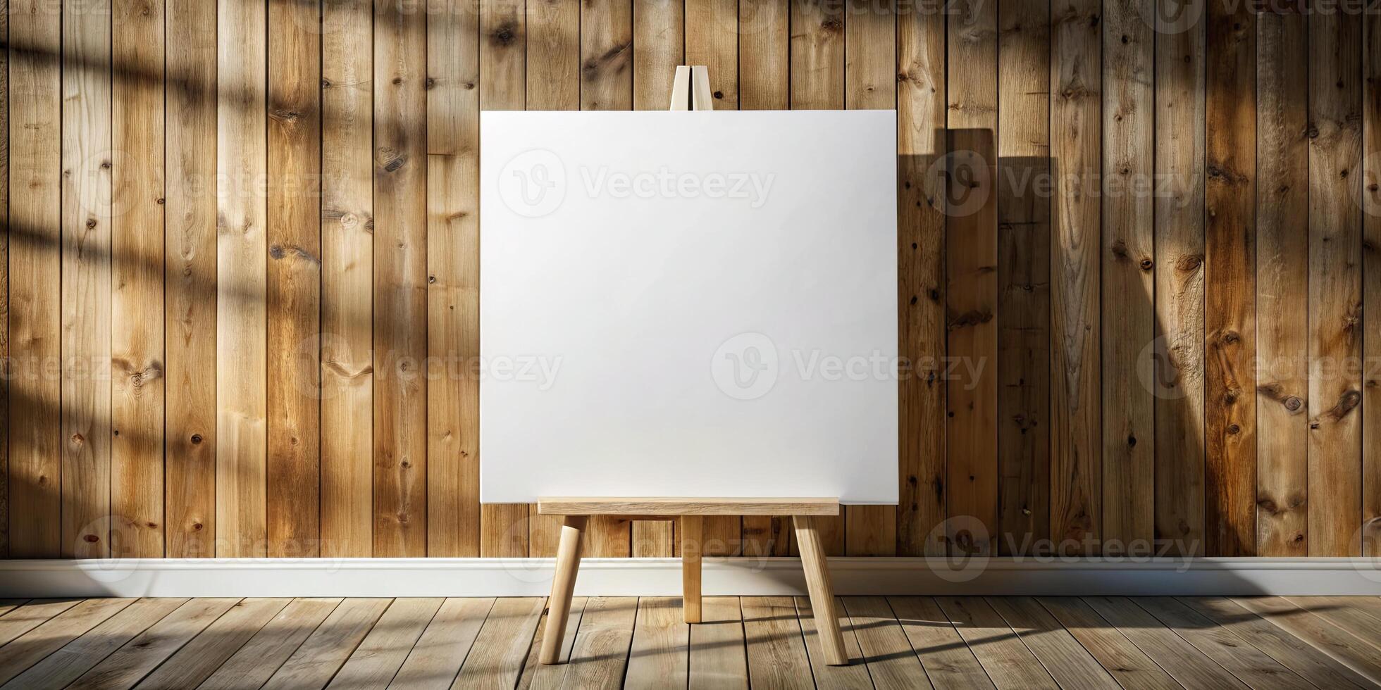 Blank canvas on an easel in a wooden art studio. photo