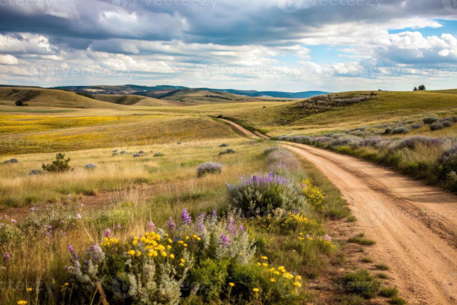 Scenic dirt road winding through open fields under a vast sky. photo