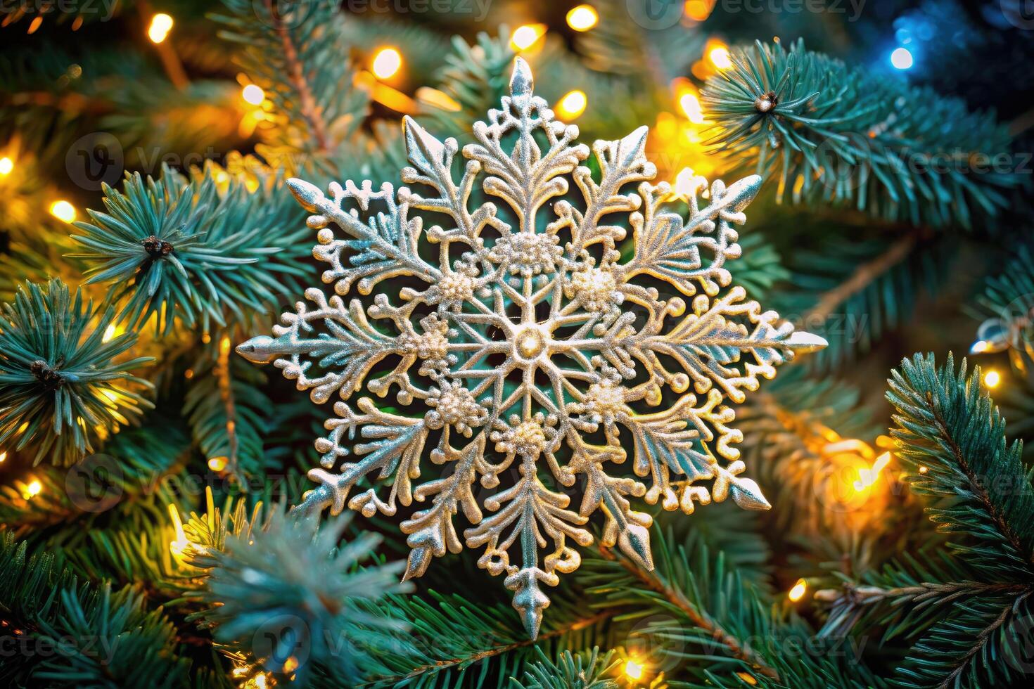 Intricate snowflake ornament hanging on a festive Christmas tree. photo