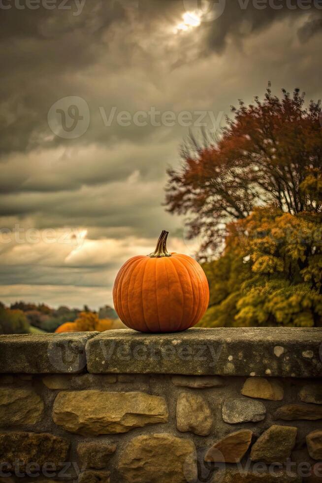Lone pumpkin resting on a stone wall under a cloudy sky. photo