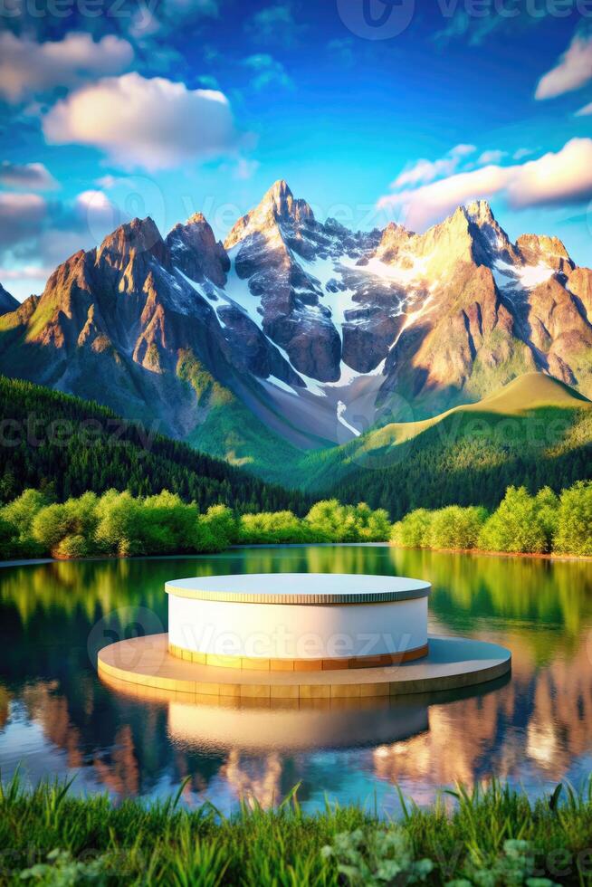 Peaceful lake with towering mountains in the distance. photo