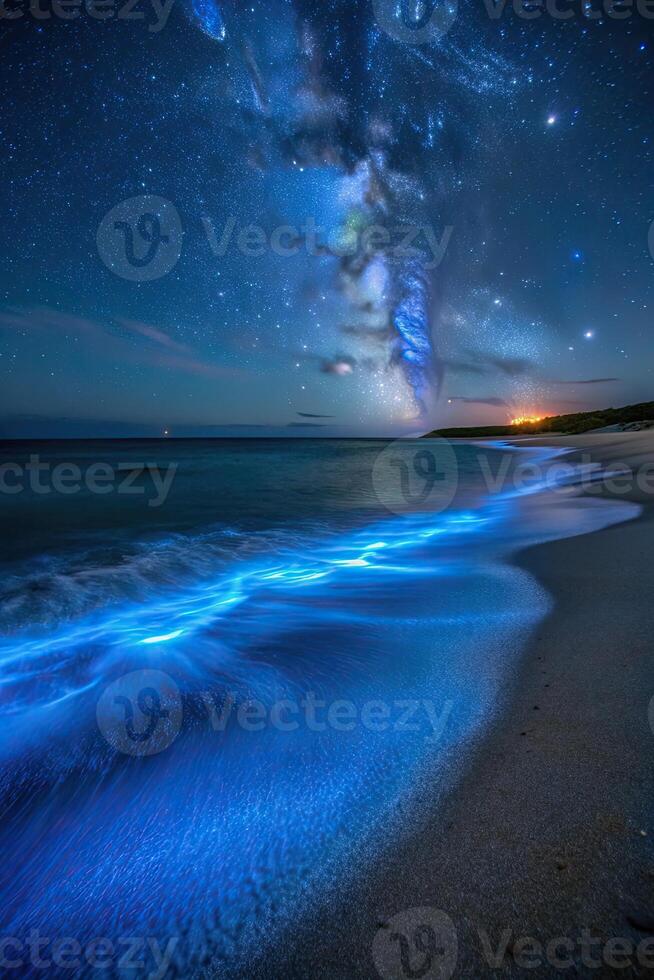 Bioluminescent waves glowing under a starry sky. photo