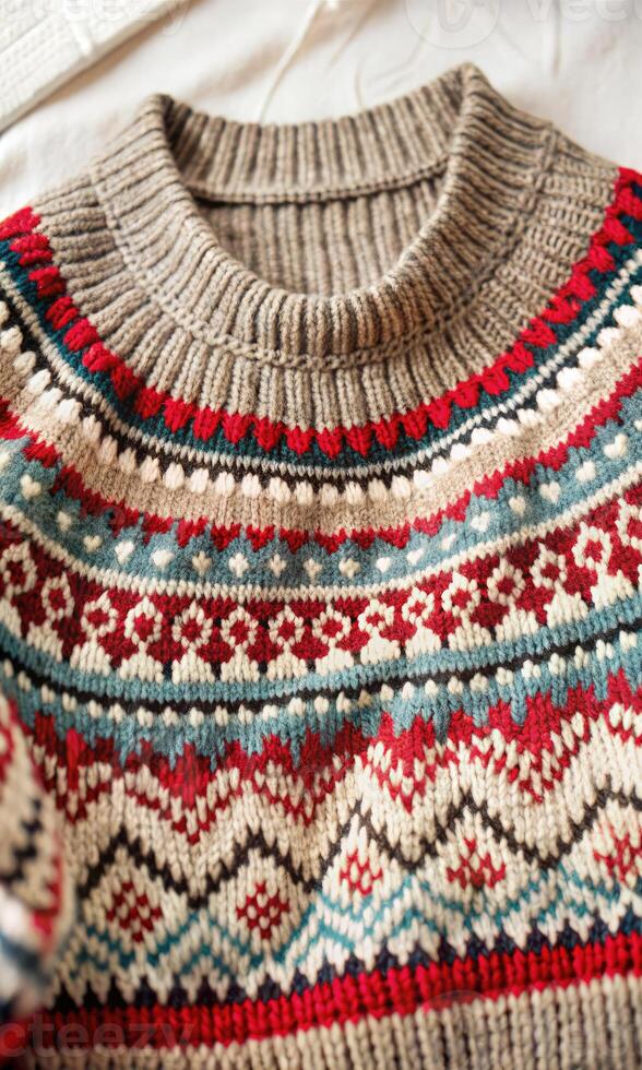 Cozy sweater with a detailed knitted pattern. photo