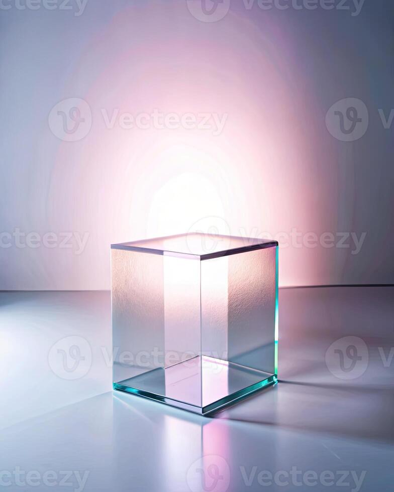 Light refracting through a glass cube on a sleek surface. photo