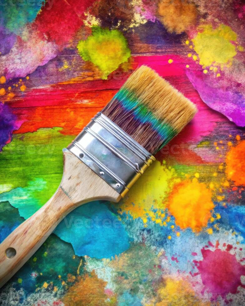Colorful paintbrush on a vibrant abstract canvas. photo
