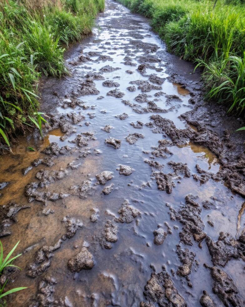 Rocky stream flowing through lush green grass. photo
