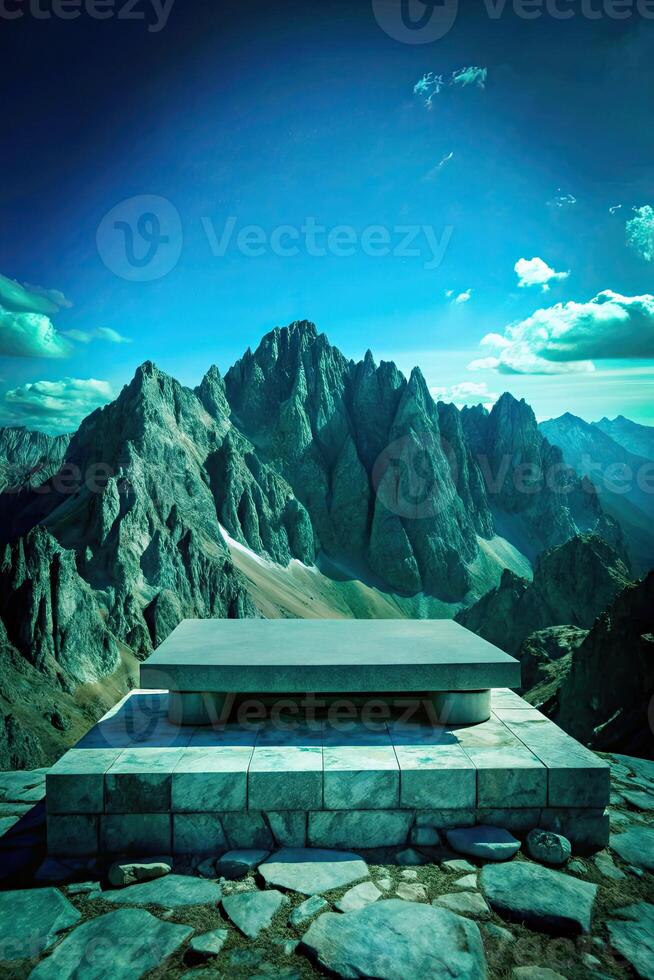 Dramatic mountain peaks under a clear blue sky. photo