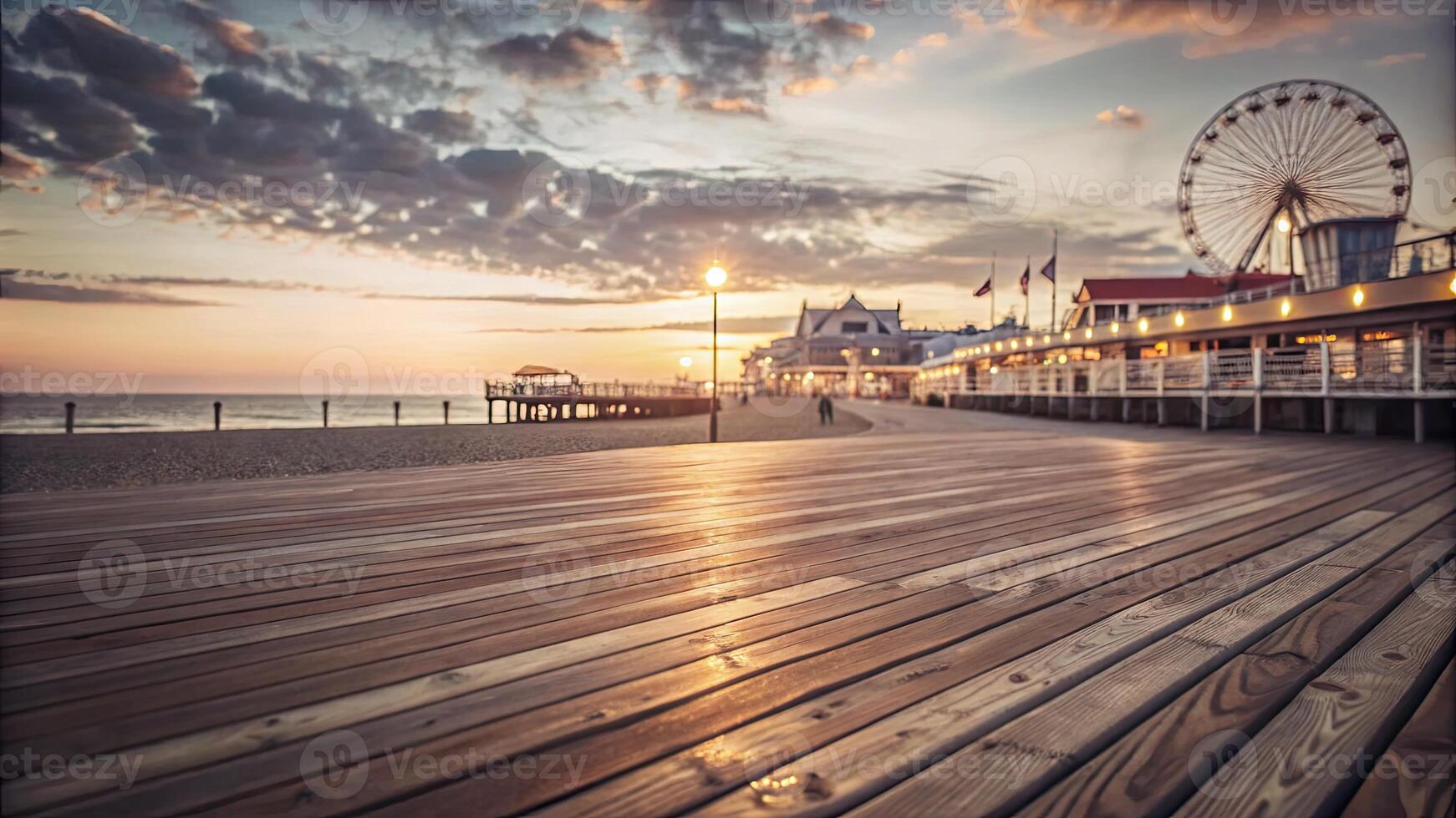 Beautiful sunset on the boardwalk with a Ferris wheel and calm ocean waves in the background. photo