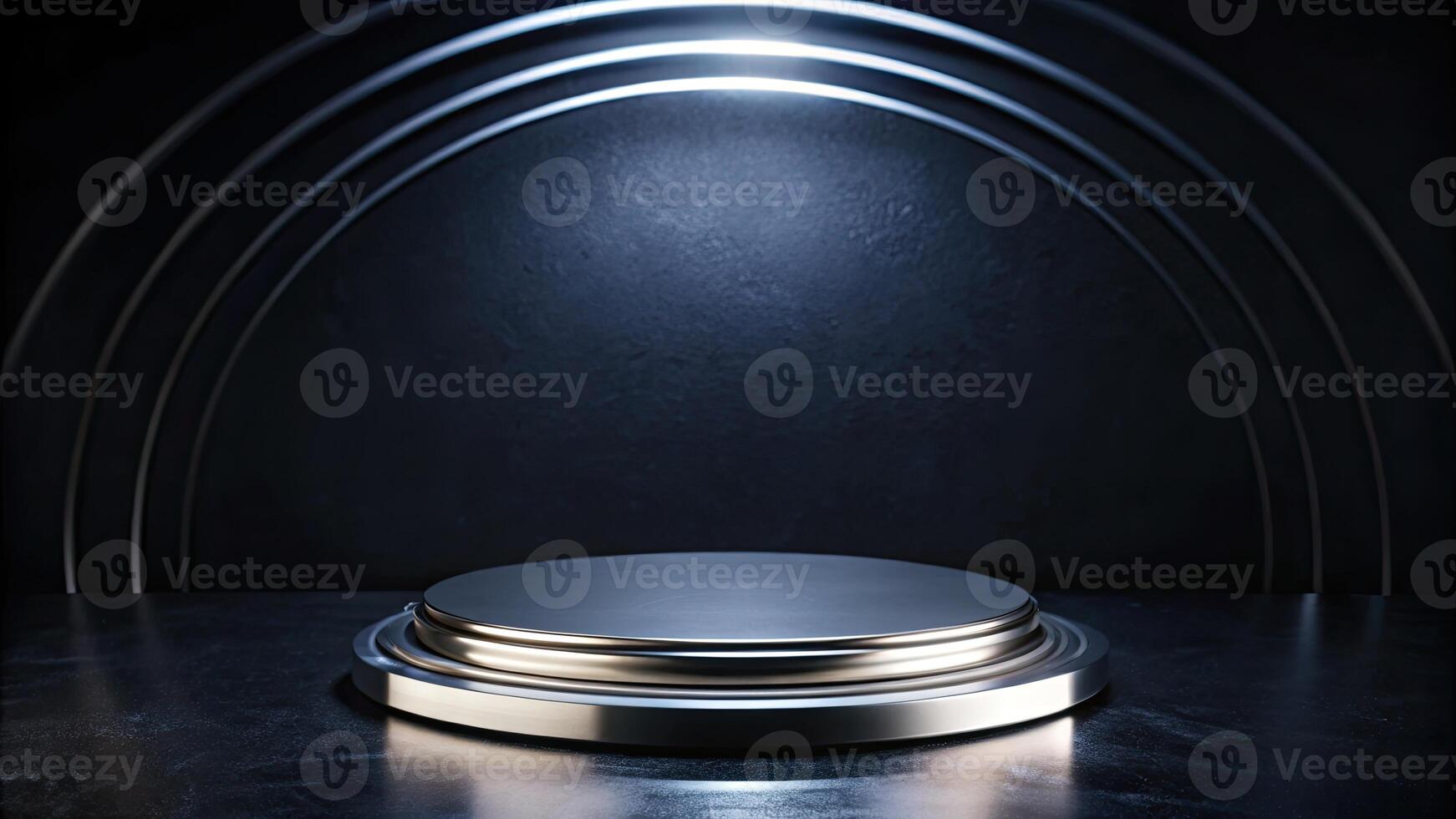 The sleek black platform is illuminated by soft circular lighting. photo