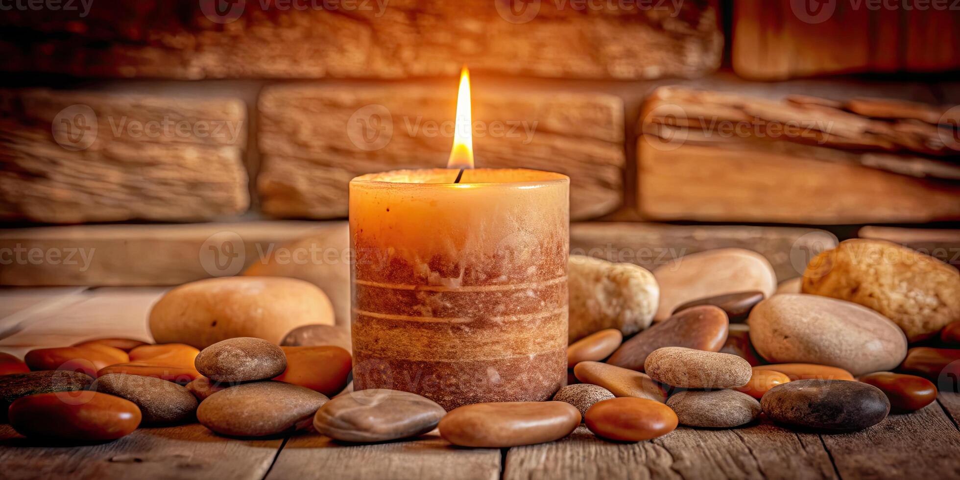 Cozy scene with a lit candle surrounded by smooth river stones and warm lighting. photo
