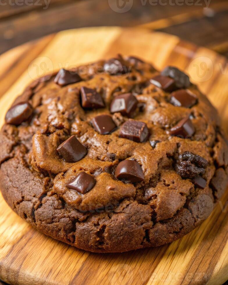 Chunky chocolate chip cookie on a wooden cutting board. photo