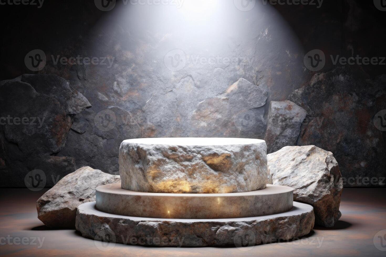 Rustic stone and rock platform illuminated by soft light in an ancient setting. photo