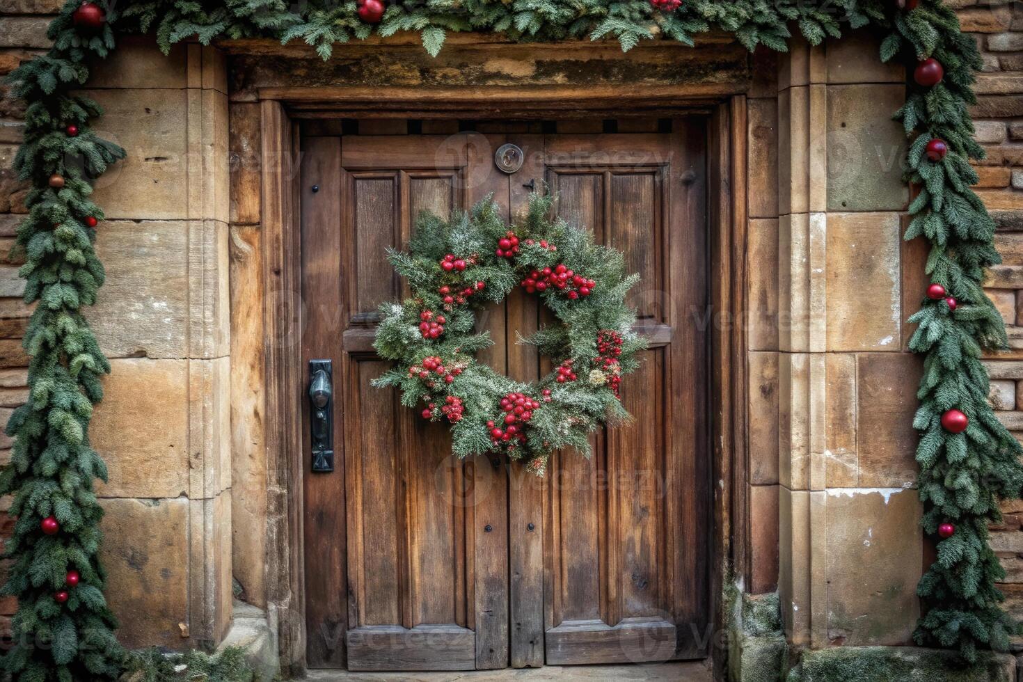 A wooden door adorned with a green and red festive wreath during the holiday season. photo