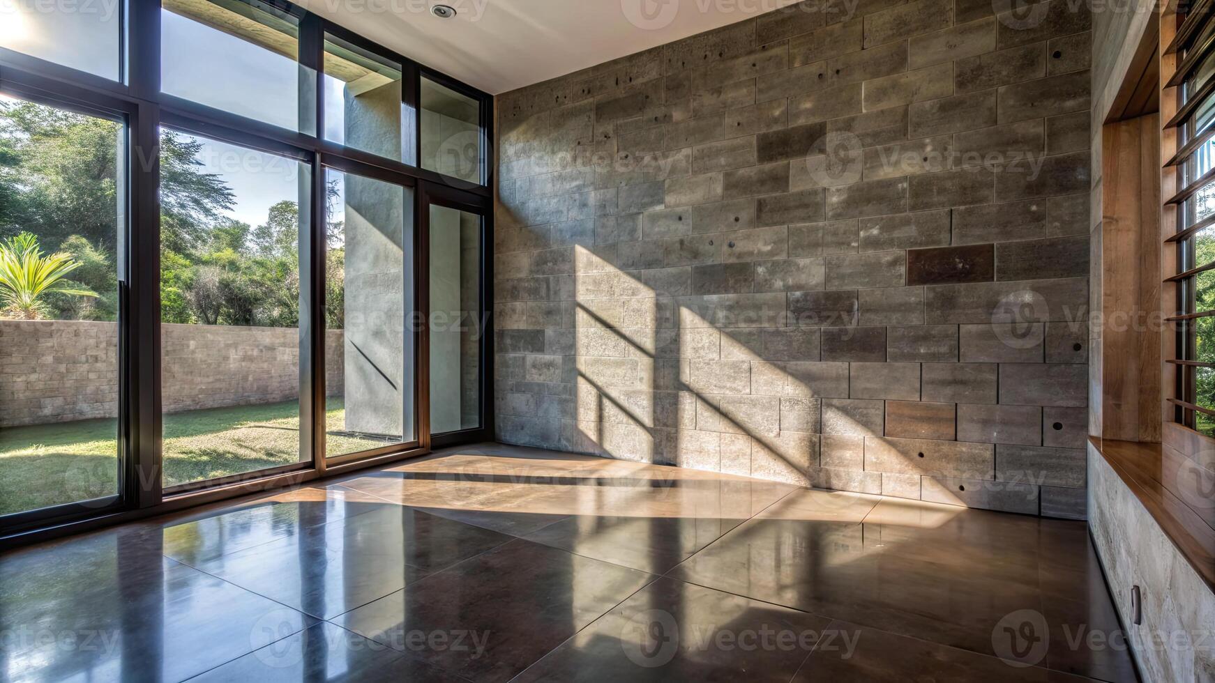 Spacious modern room with large windows and sunlight streaming onto the floor. photo