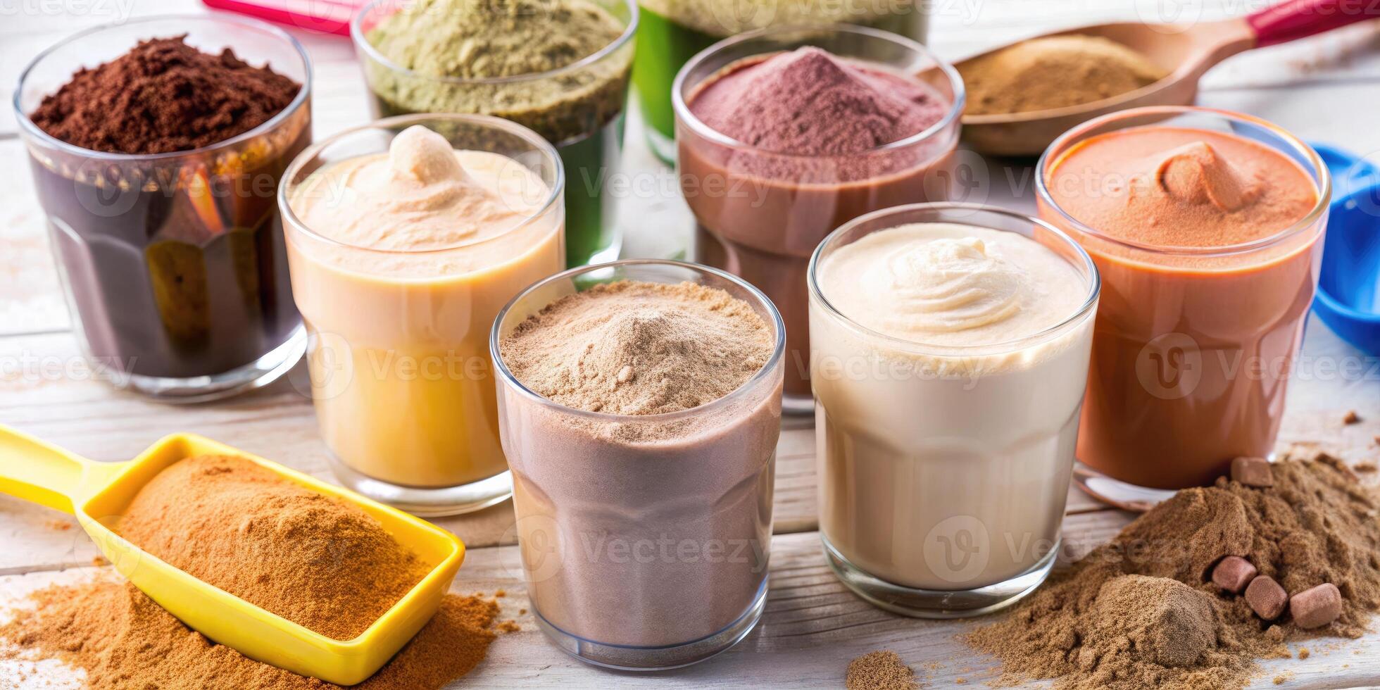 A variety of flavored milkshakes come in cups displayed with colorful ingredients. photo