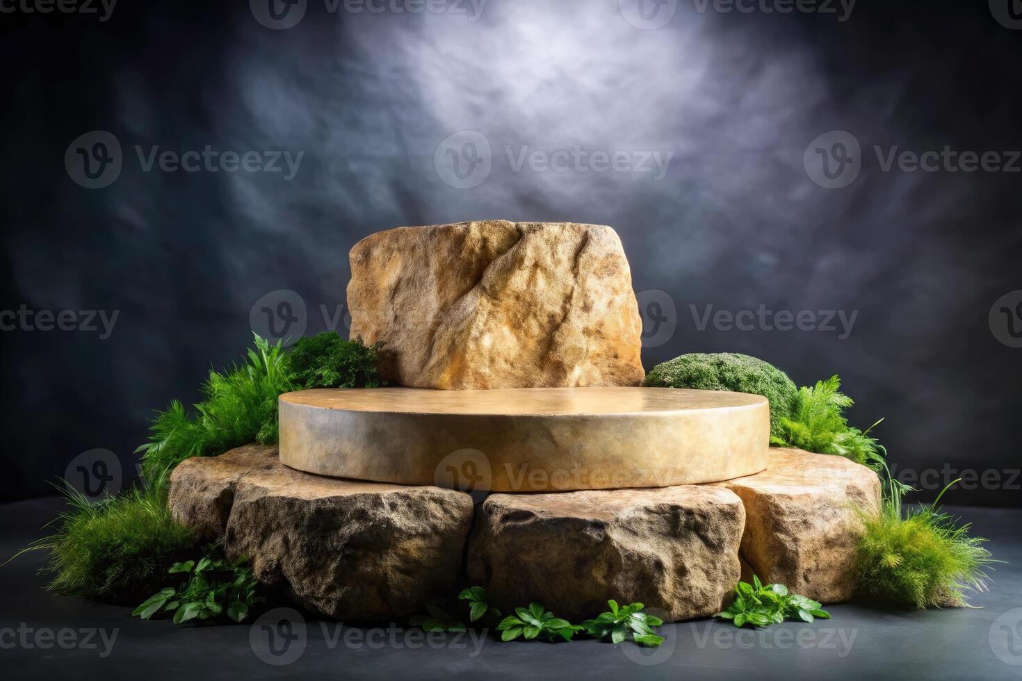 The Zen-inspired stone base surrounded by greenery creates a peaceful atmosphere. photo