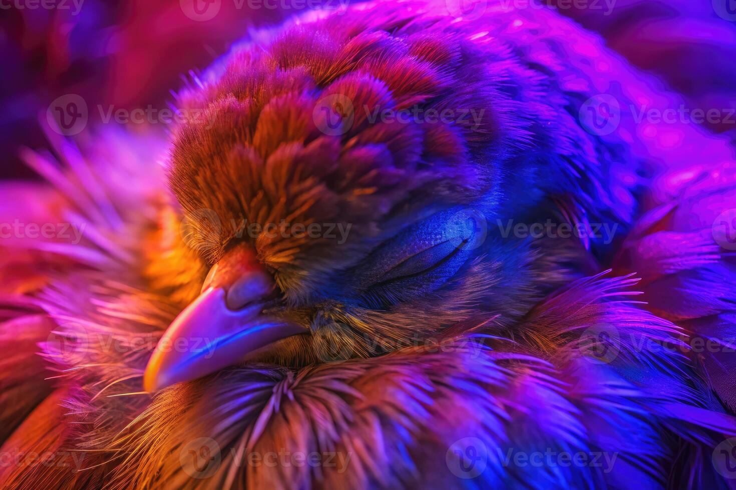 Close-up of a vibrant bird with fluffy feathers in neon light. photo