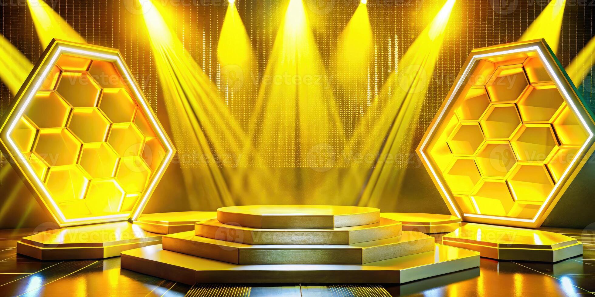 The golden stage with honeycomb shapes and impressive bright stage lights. photo