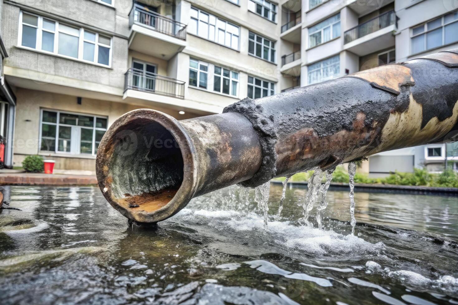 Water flows from a pipe into a reflective puddle. photo