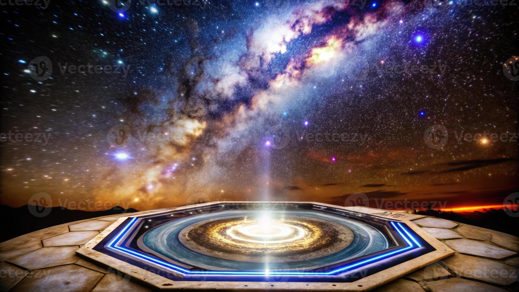 Cosmic portal illuminated under a starry night sky. photo