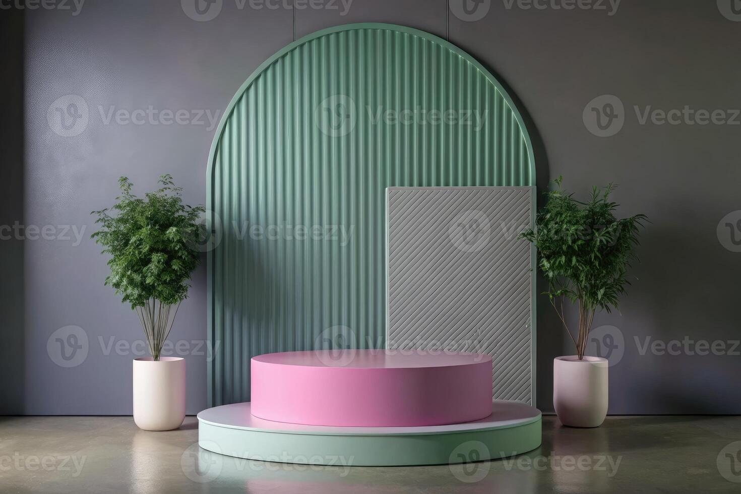 Modern display with pastel colors and plants. photo