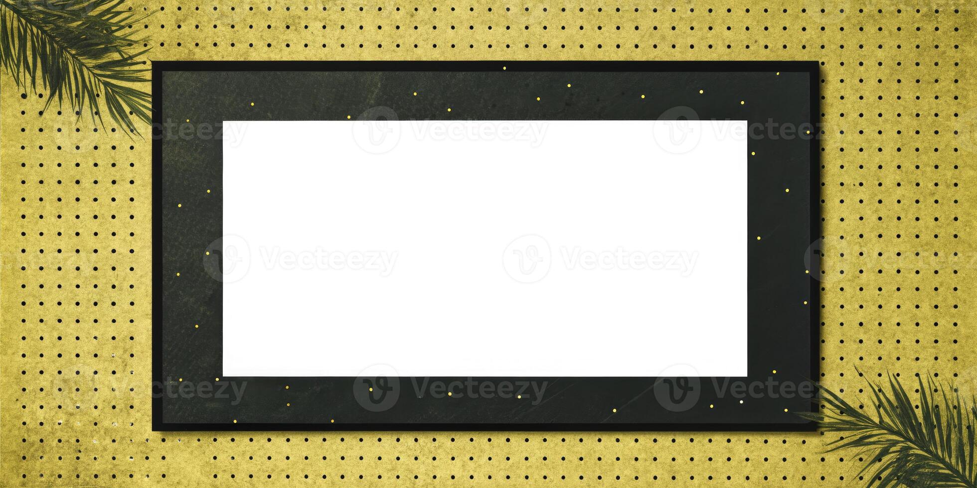 Empty white frame on a decorative gold and black surface. photo