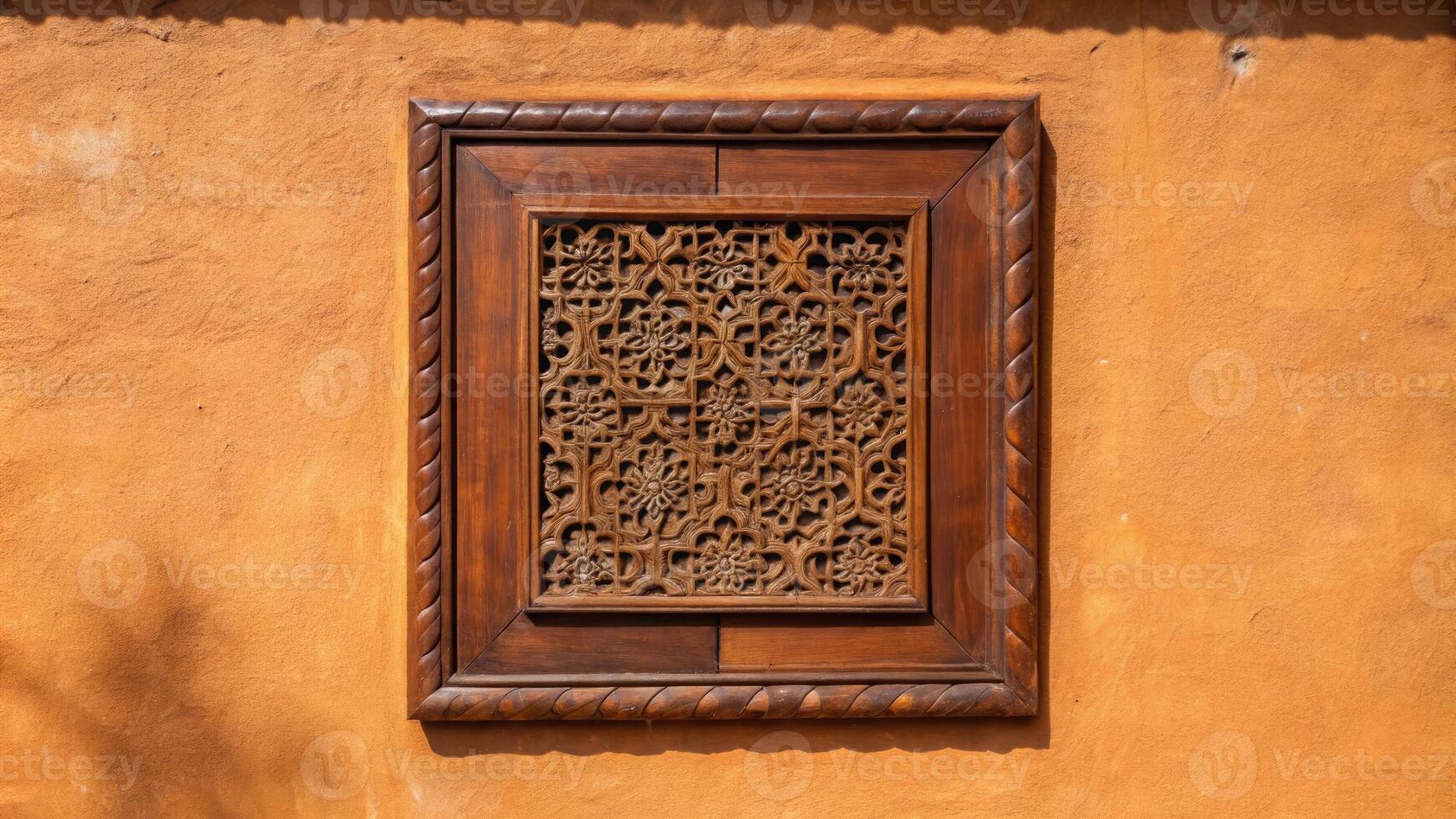 Ornate wooden frame on an orange textured wall. photo