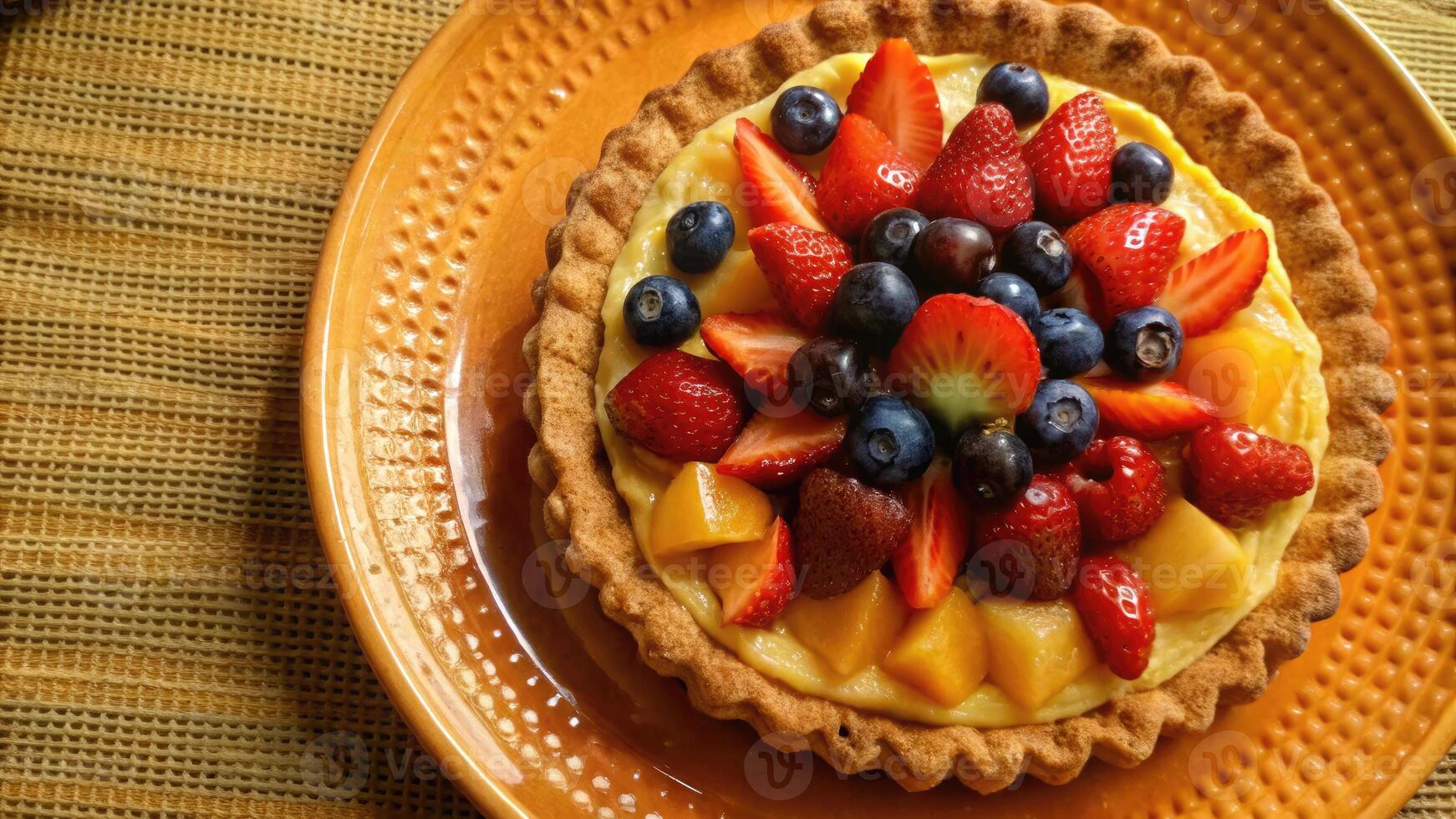 Fruit tart topped with fresh berries on a yellow plate. photo