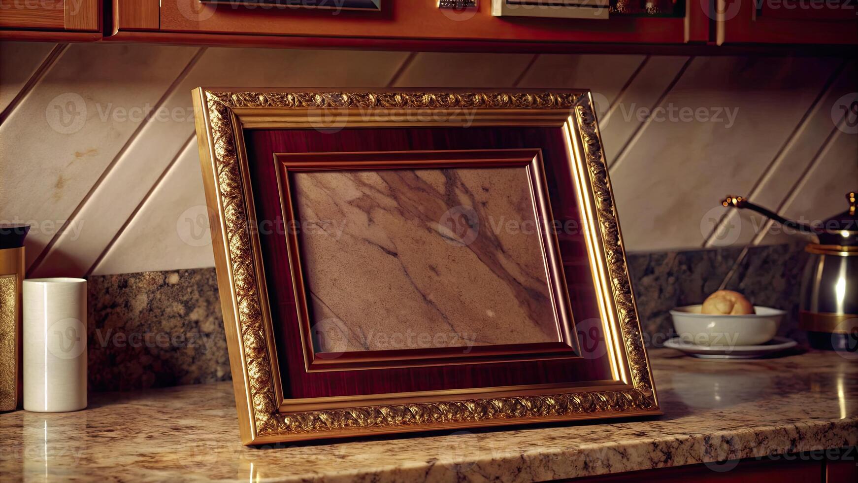 Ornate gold frame resting on a marble counter. photo
