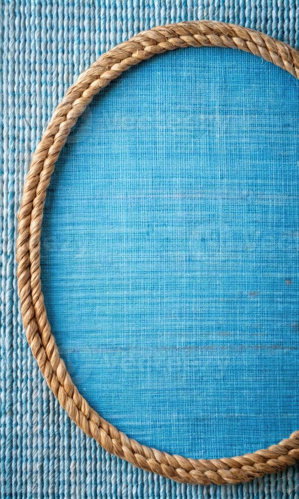 Circular rope frame on a textured blue fabric background photo