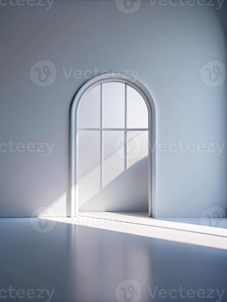 Minimalist room with an arched window casting soft sunlight photo
