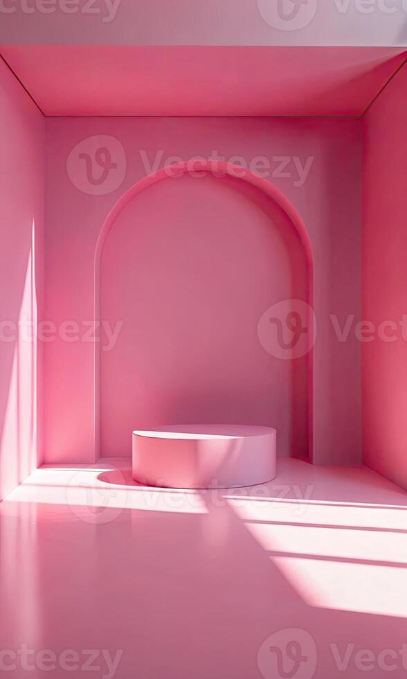 Minimalist pink room with an arched wall and soft shadows. photo