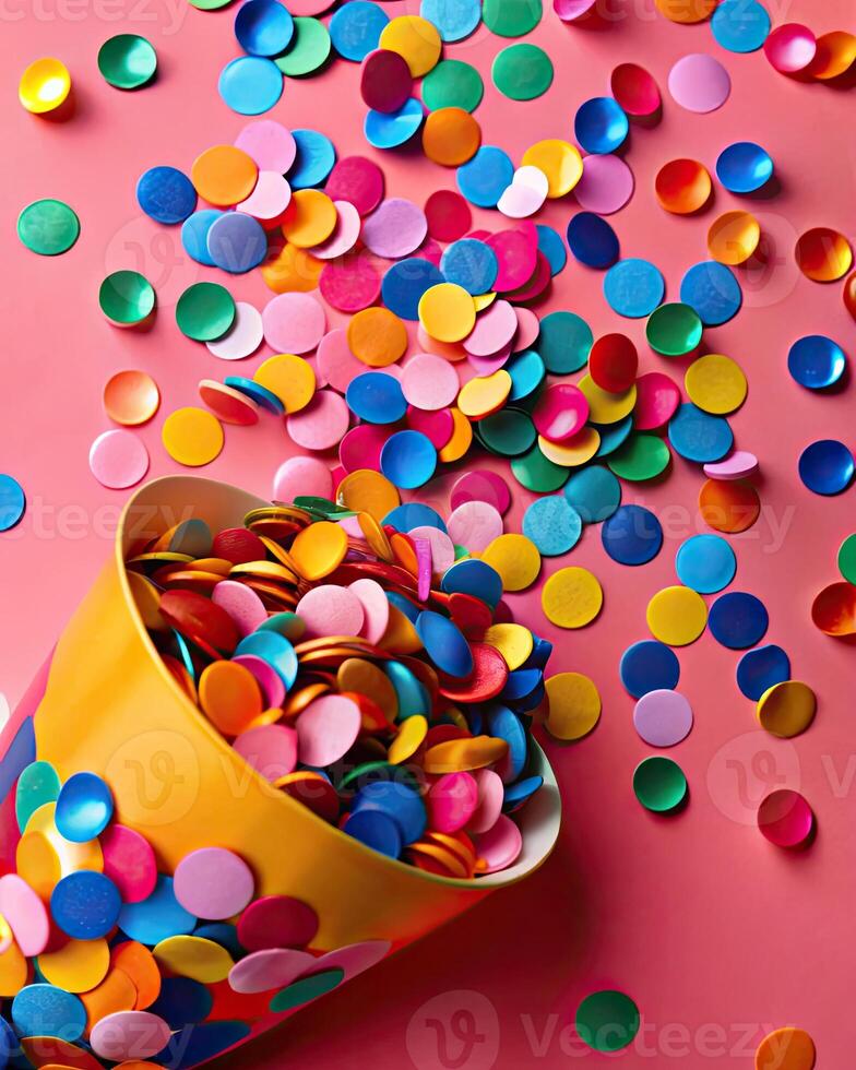 Colorful confetti spilling from a tipped-over yellow cup. photo