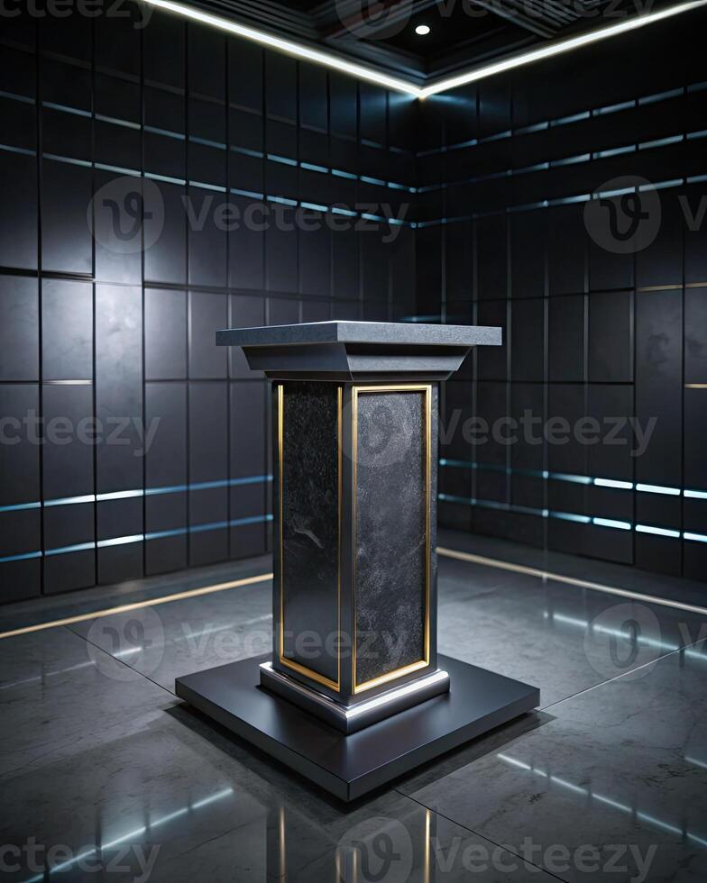 Sleek, modern lectern in a modern dark setting with bright accents. photo