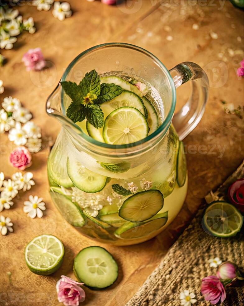 Citrus and mint infused lemonade in a glass pitcher. photo