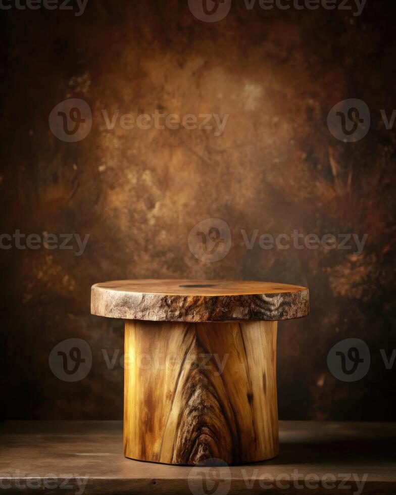 Rustic wooden table set against a textured brown backdrop. photo