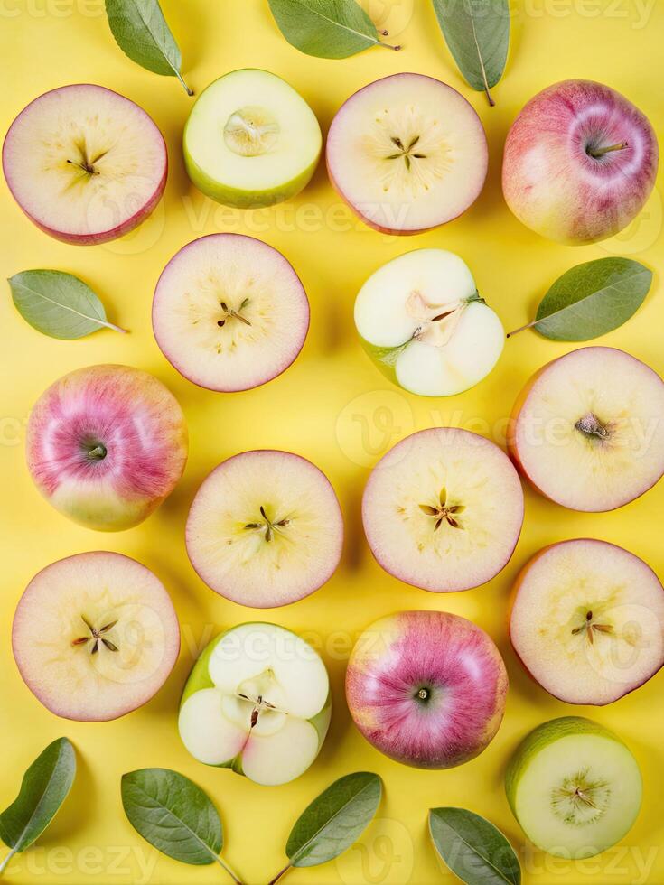 Sliced apples revealing intricate star patterns inside. photo