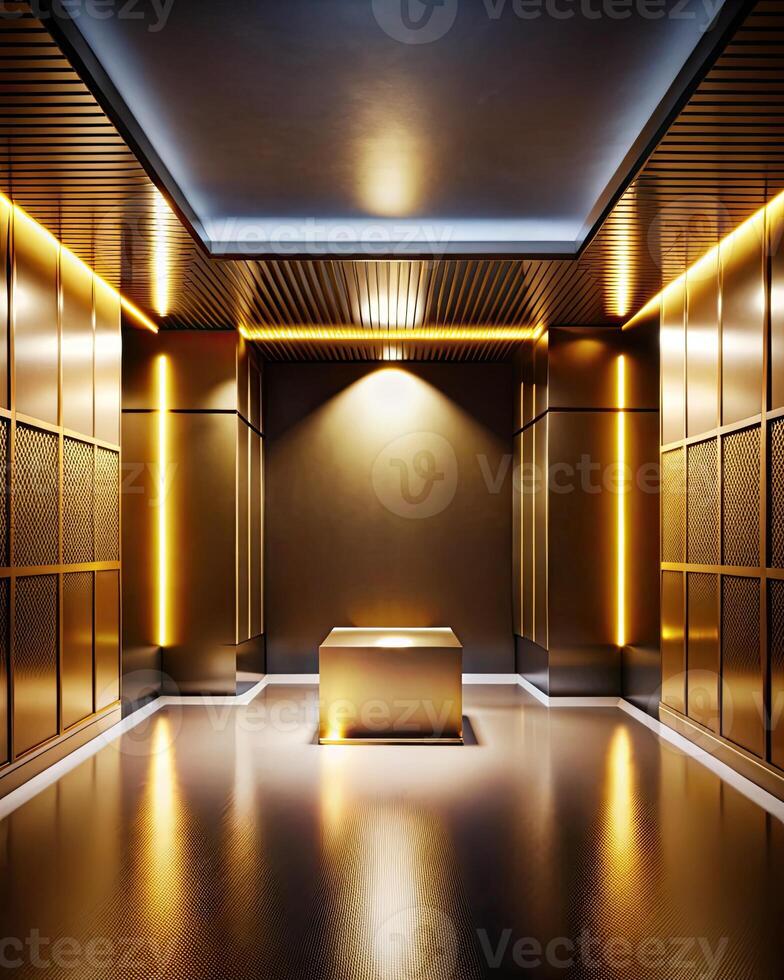 Luxurious hallway with golden light and wooden paneling. photo