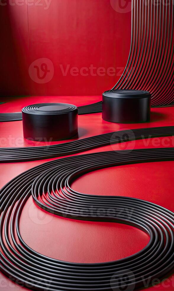 Red and black abstract installation with modern shapes and lines photo