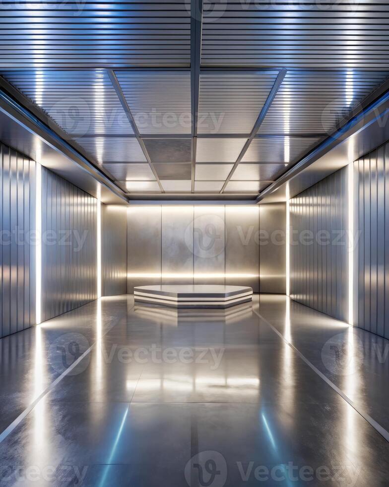 Metallic corridor with reflective surfaces and futuristic lighting. photo