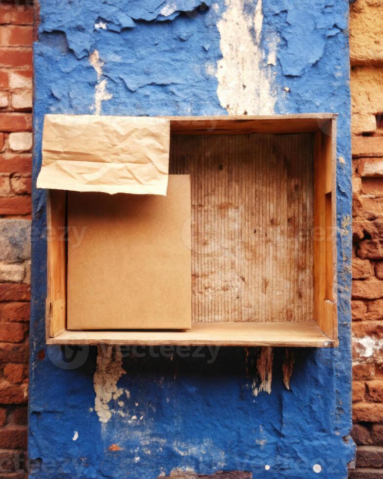 Rustic wooden shelf against a blue textured wall exterior. photo