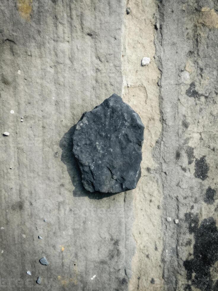 Singular dark stone against a textured concrete wall. photo