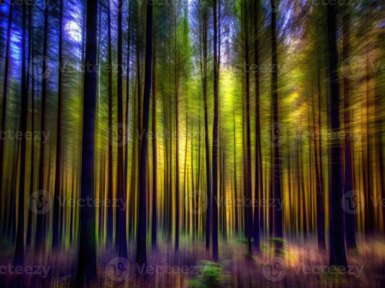 Blurred motion of tall trees creating a colorful forest scene. photo