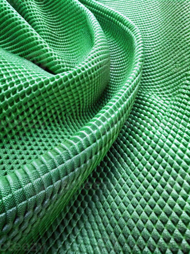 Close-up of green textured fabric with intricate patterns. photo