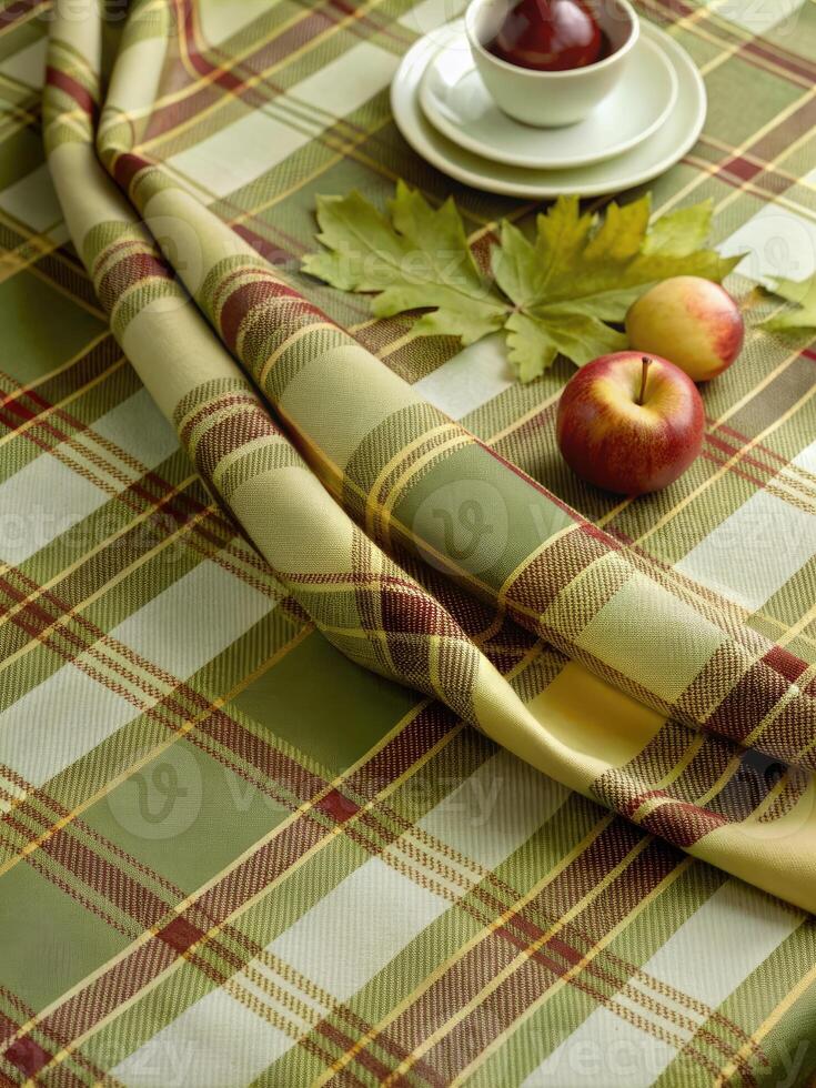 Rustic table setting with plaid tablecloth and autumn decor. photo