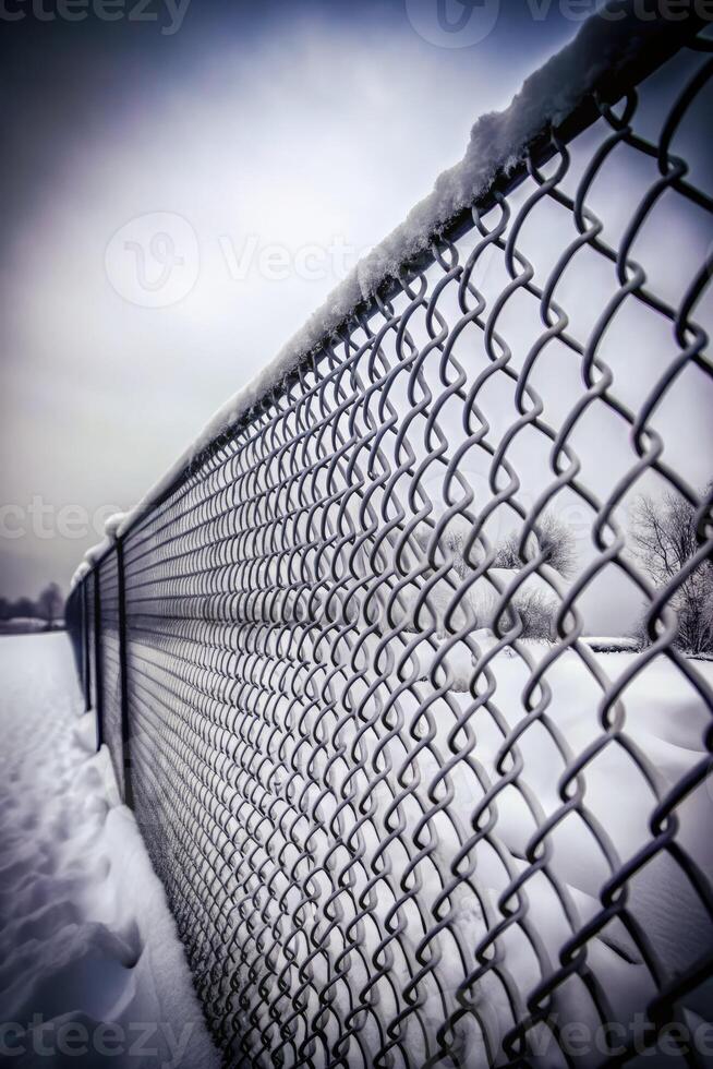Close-up view of a snowy chain-link fence against a blurred background photo