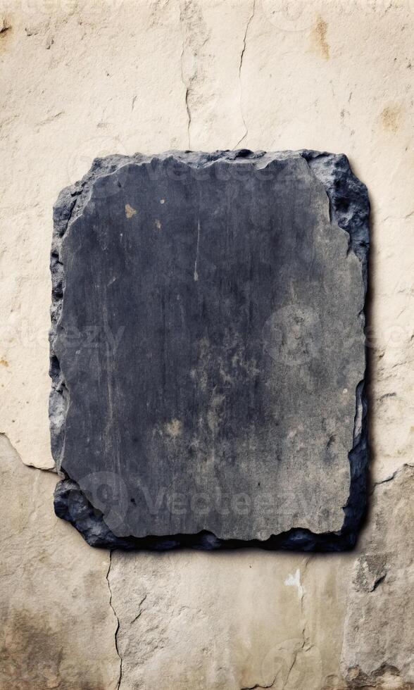 Rustic gray stone slab with rough edges on a weathered backdrop photo