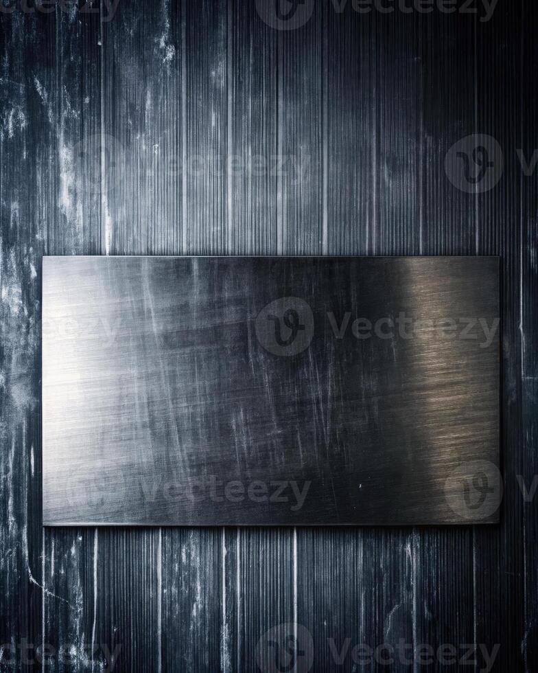Dark wooden board on a textured black background. photo